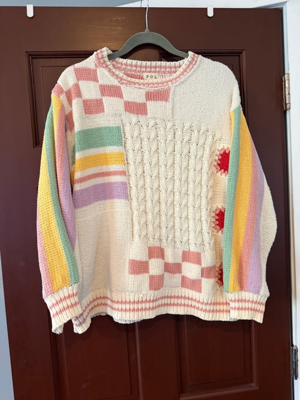 POL Oversized Cream Cable-Knit Sweater with Pastel Stripes